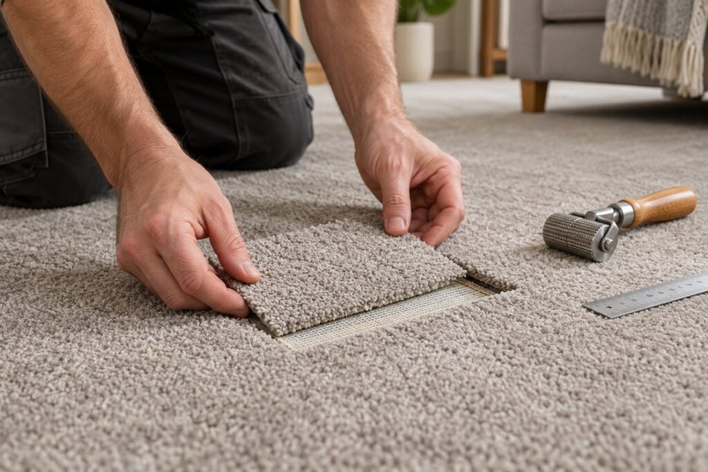 Illustration of hands fitting a matching patch into a grey carpet beside a seam roller and ruler