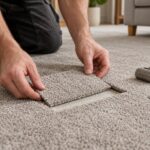 Illustration of hands fitting a matching patch into a grey carpet beside a seam roller and ruler