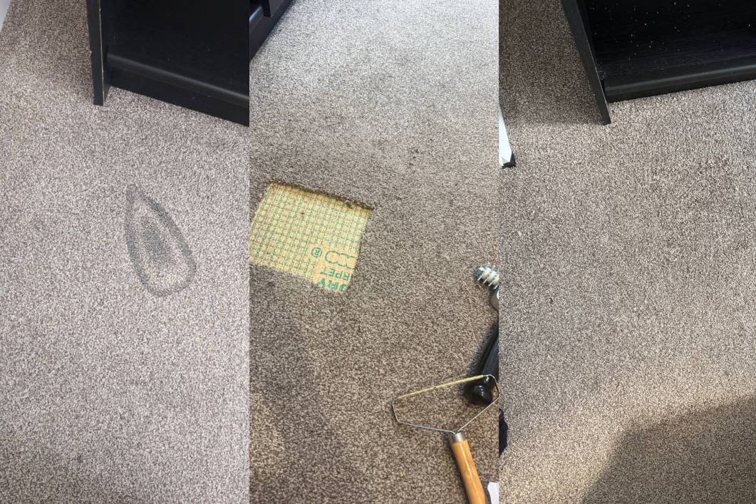 Before, during and after a carpet patch repair, showing a burn mark, the cut-out section and the repaired carpet