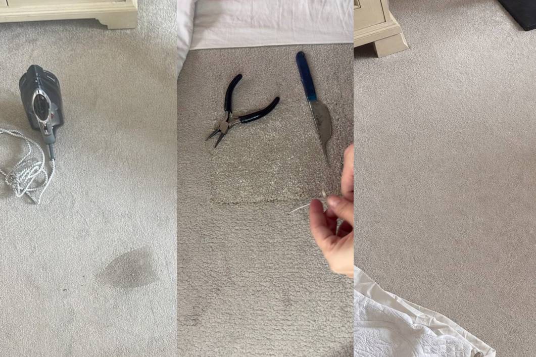 Three-stage photo collage showing an iron burn on a light carpet, repair work in progress and the finished area