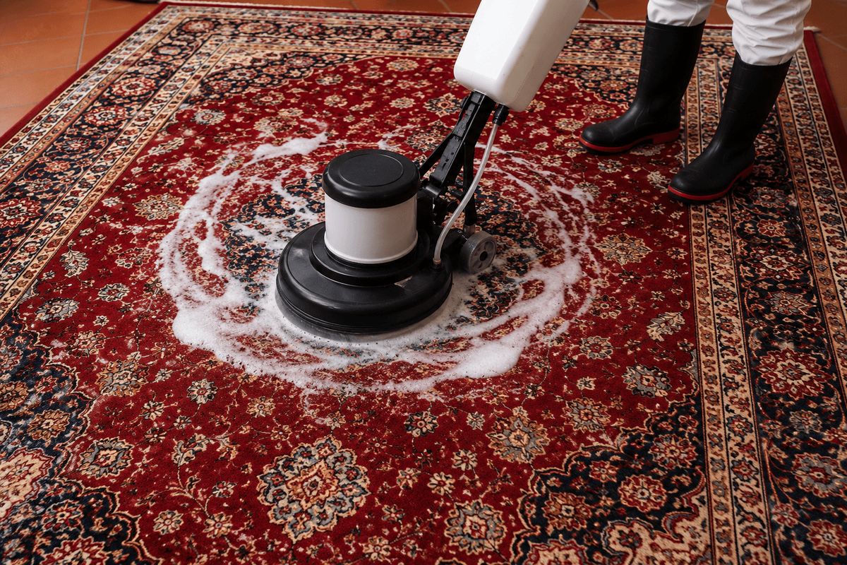 a professional rug cleaner washing a persian rug