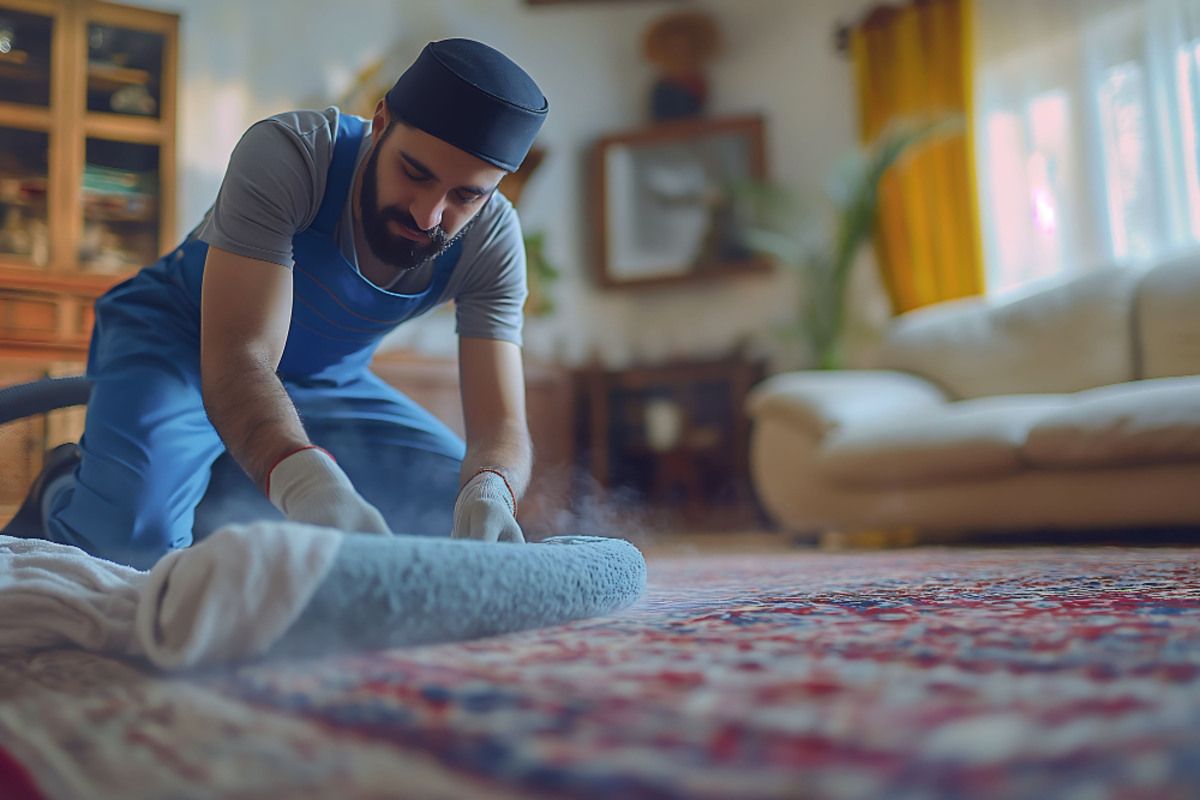 a man washing a persian rug