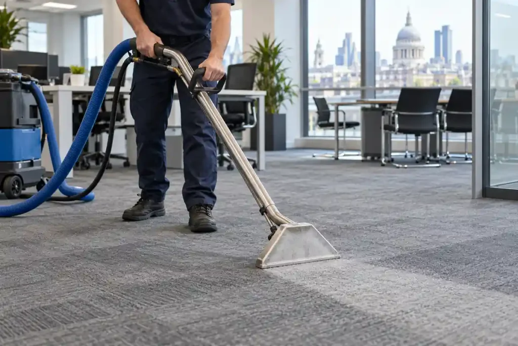 Technician using a carpet extraction wand on grey carpet tiles in an office