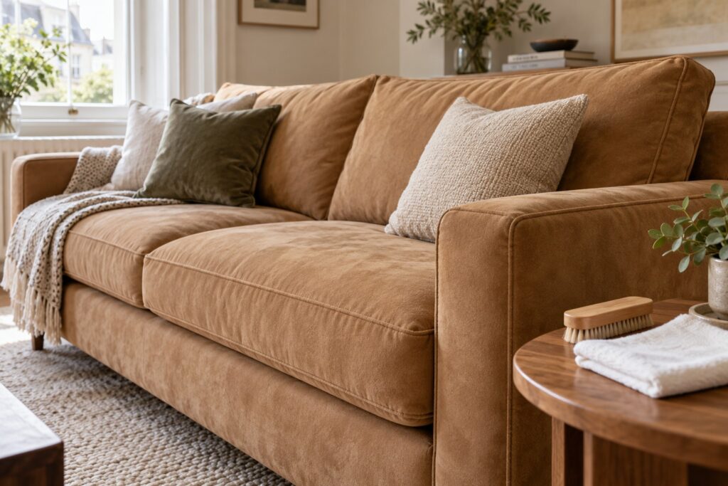 Tan suede sofa with a soft upholstery brush and dry white cloth on a side table