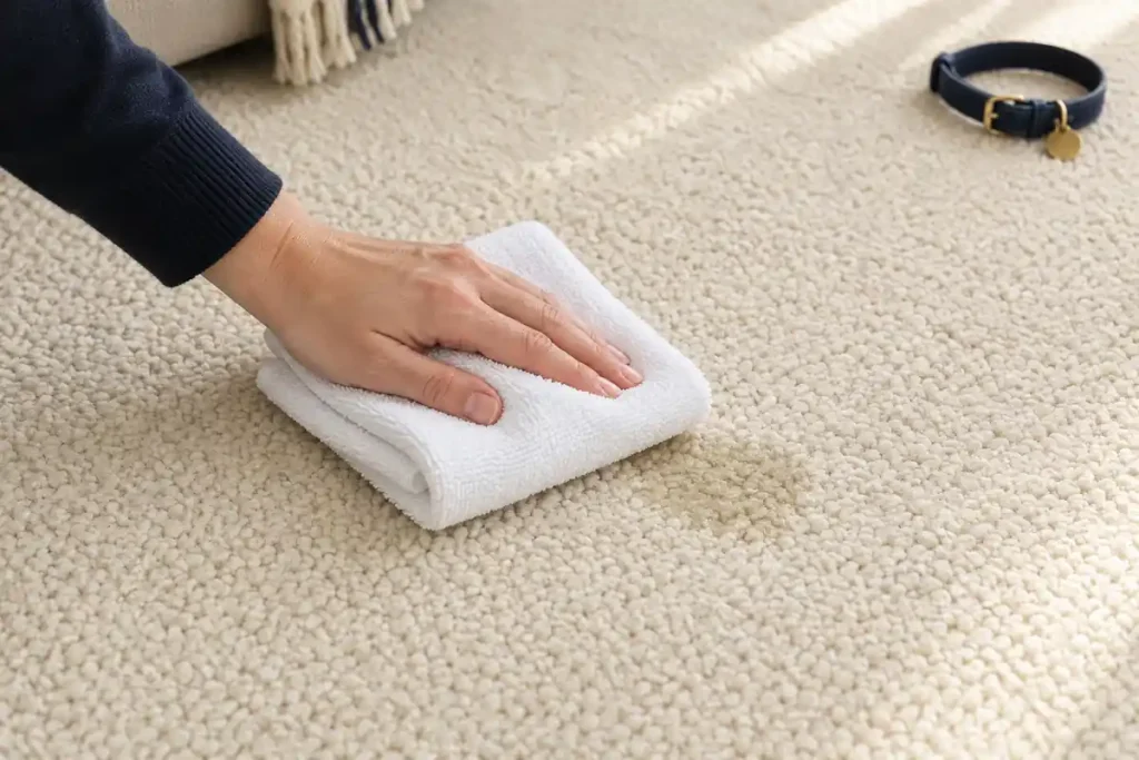 Blotting a spot on cream wool carpet with a clean white towel