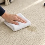 Blotting a spot on cream wool carpet with a clean white towel